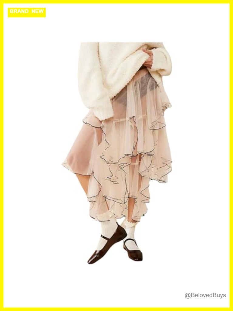 Women Mesh Tulle A-Line Midi Asymmetrical High Low Sheer Skirt